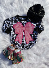 Load image into Gallery viewer, Cow Print Bow Bubble Romper (2 options)