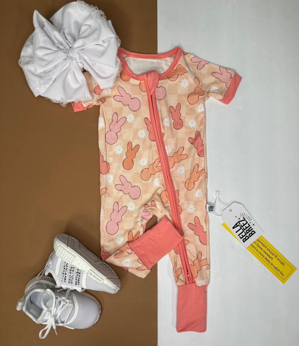 Peach Bunnies Short Sleeve Bamboo Sleeper (FINAL SALE)