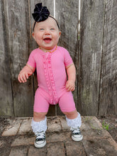 Load image into Gallery viewer, Ballerina Pink Ruffled Bamboo Shortie Romper