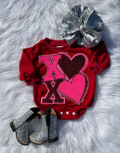 Load image into Gallery viewer, Red Valentines Day Patch Bubble Rompers