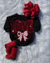 Load image into Gallery viewer, Black Valentines Day Patch Bubble Rompers