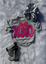 Load image into Gallery viewer, Grey Valentines Day Patch Bubble Rompers