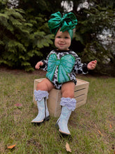 Load image into Gallery viewer, Cow Print Bow Bubble Romper (2 options)