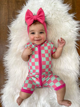 Load image into Gallery viewer, Bubblegum Checks Bamboo Shortie Romper (FINAL SALE)