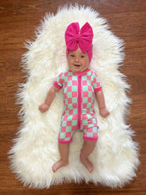 Load image into Gallery viewer, Bubblegum Checks Bamboo Shortie Romper (FINAL SALE)