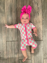 Load image into Gallery viewer, Bubblegum Checks Bamboo Shortie Romper (FINAL SALE)