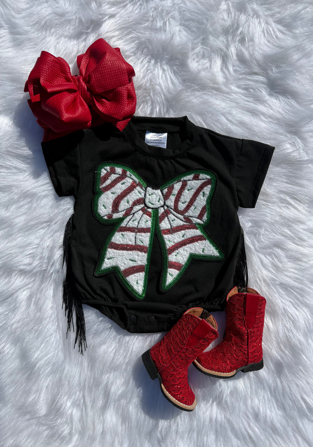 Christmas Bow Fringe Bubble Romper