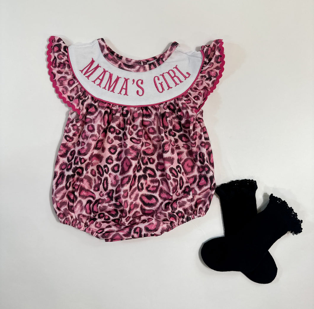 Mama's Girl Pink Leopard Smocked Bubble Romper