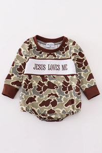 Camo Jesus Loves Me Smocked Bubble Romper