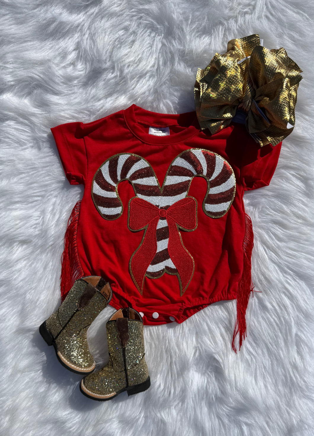 Gold Candy Cane Fringe Bubble Romper