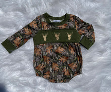 Load image into Gallery viewer, Boys Camo Deer Smocked Romper
