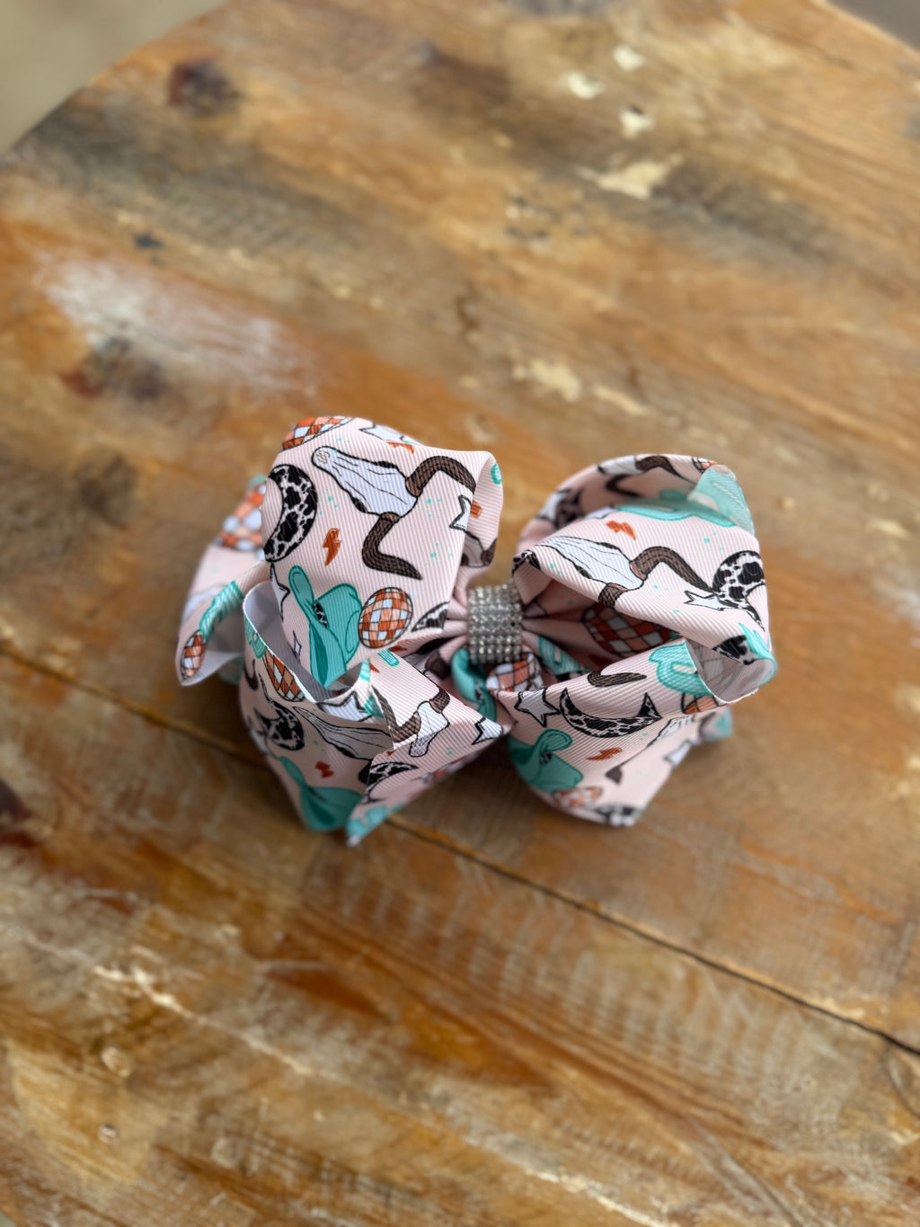 Printed 7.5 inch bedazzled hair bow (FINAL SALE)
