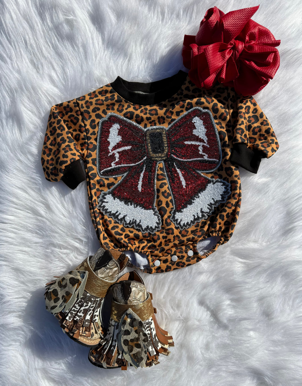 Cheetah Santa Bow Bubble Romper