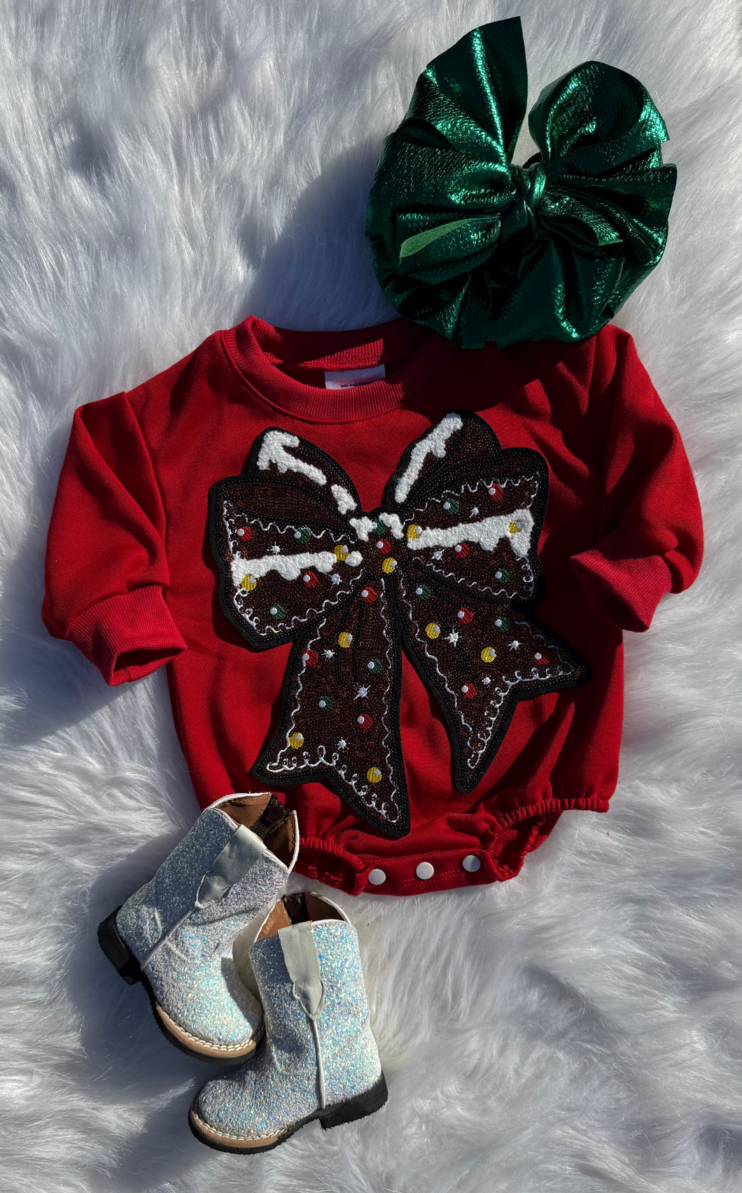 Red Gingerbread Bow Bubble Romper