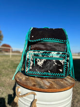 Load image into Gallery viewer, Turquoise Fringed Genuine Cowhide Diaper Bag/Backpack
