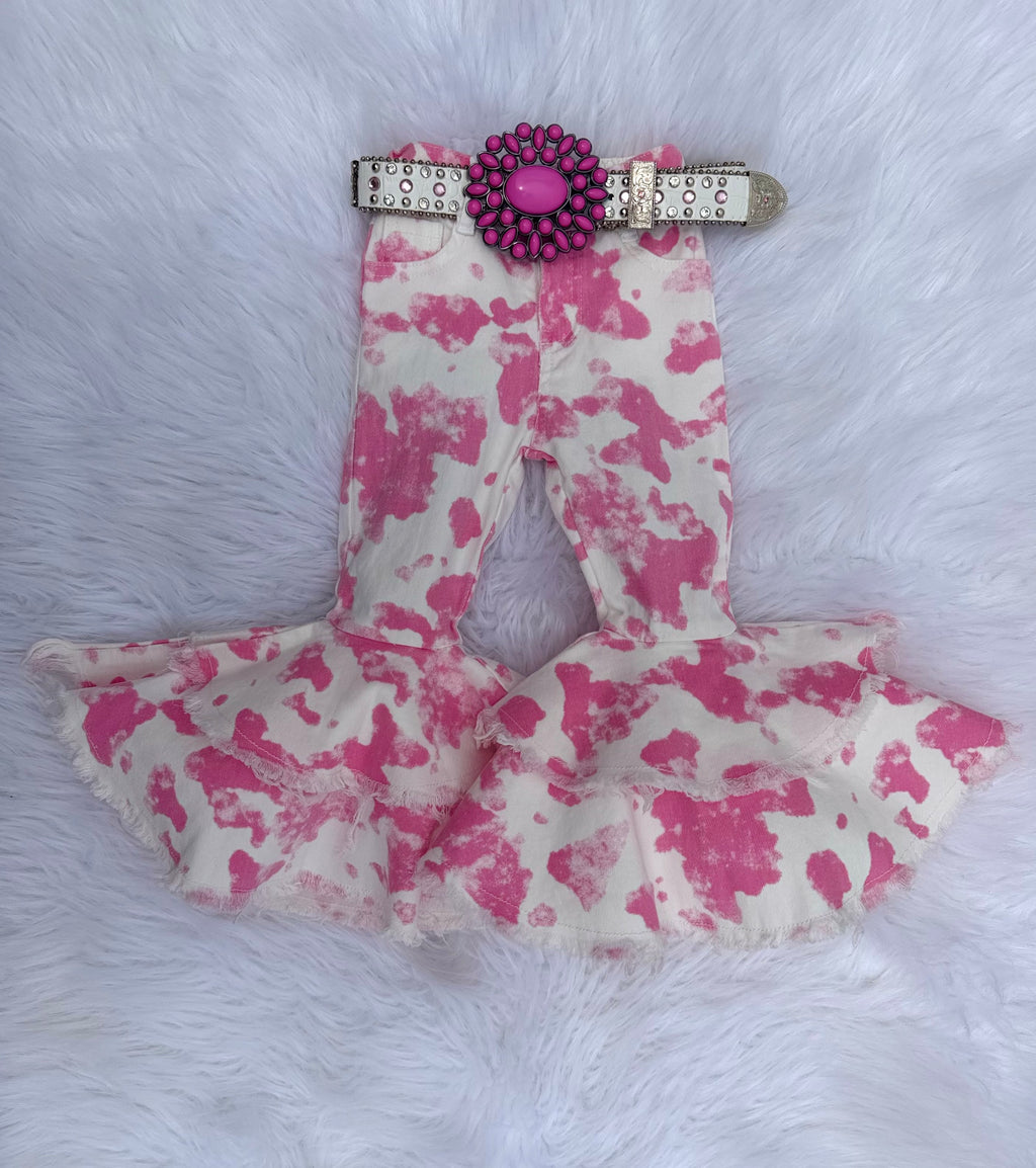 Pink & White Cow Print Double Bell Bottom Jeans