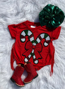 Red/Green Candy Cane Fringe Bubble Romper