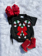 Load image into Gallery viewer, Red/Green Candy Cane Fringe Bubble Romper
