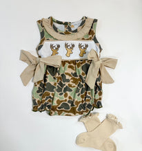 Load image into Gallery viewer, Camo Deer Smocked Bubble Romper
