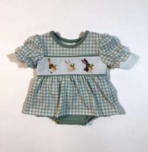 Green Plaid Bunny Smocked Bubble Romper