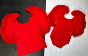 Red leo with boa sleeves romper/top