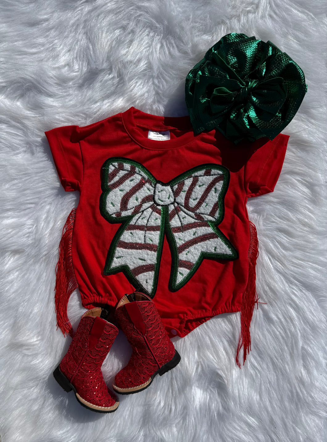 Christmas Bow Fringe Bubble Romper