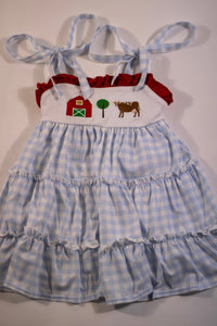 Blue & White Plaid Cow Smocked Dress