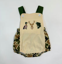 Load image into Gallery viewer, Camo Hunting Smocked Suspender Bubble Romper
