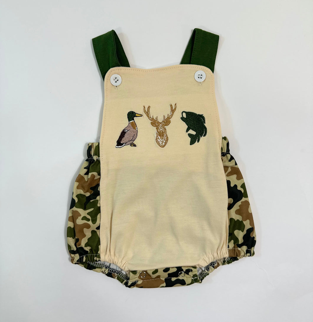 Camo Hunting Smocked Suspender Bubble Romper