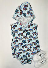 Load image into Gallery viewer, Red, White &amp; Vrooooom Hooded Bamboo Romper
