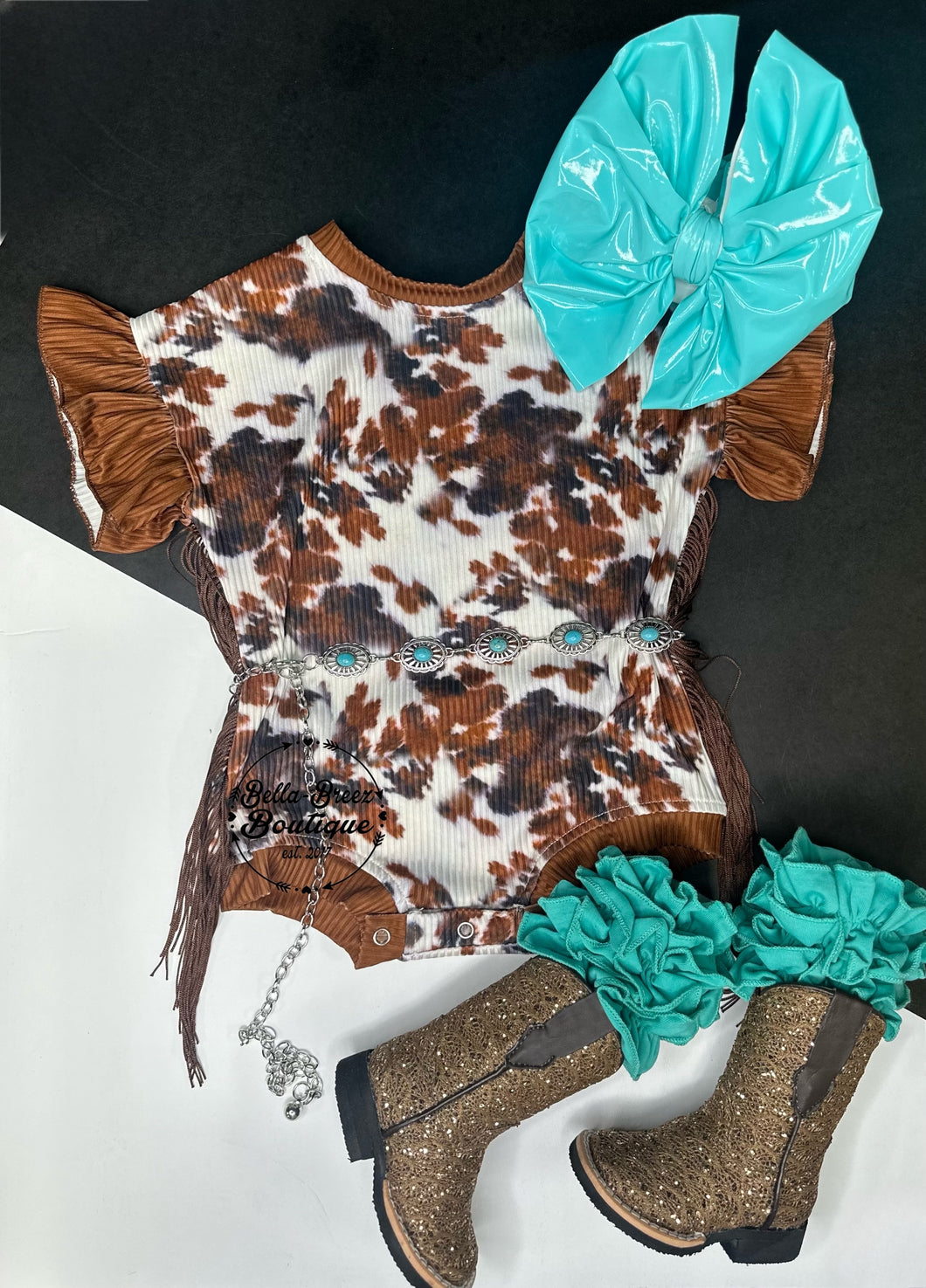 Cow print bubble romper/top with fringe