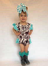 Load image into Gallery viewer, Cow Print With Mint Ruffles Romper

