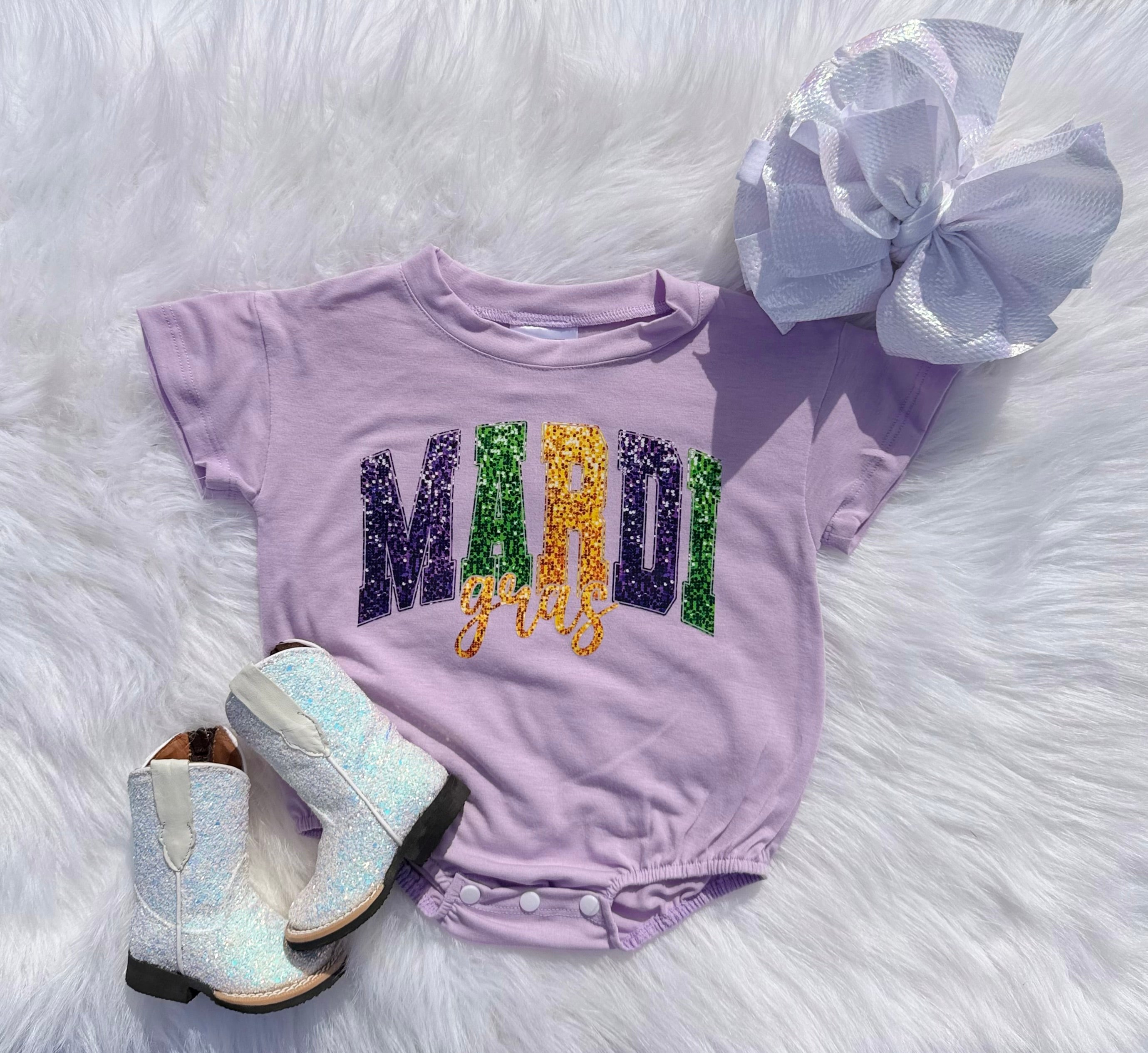 Faux Sparkle Mardi Gras Bubble Romper