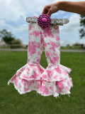 Pink & White Cow Print Double Bell Bottom Jeans