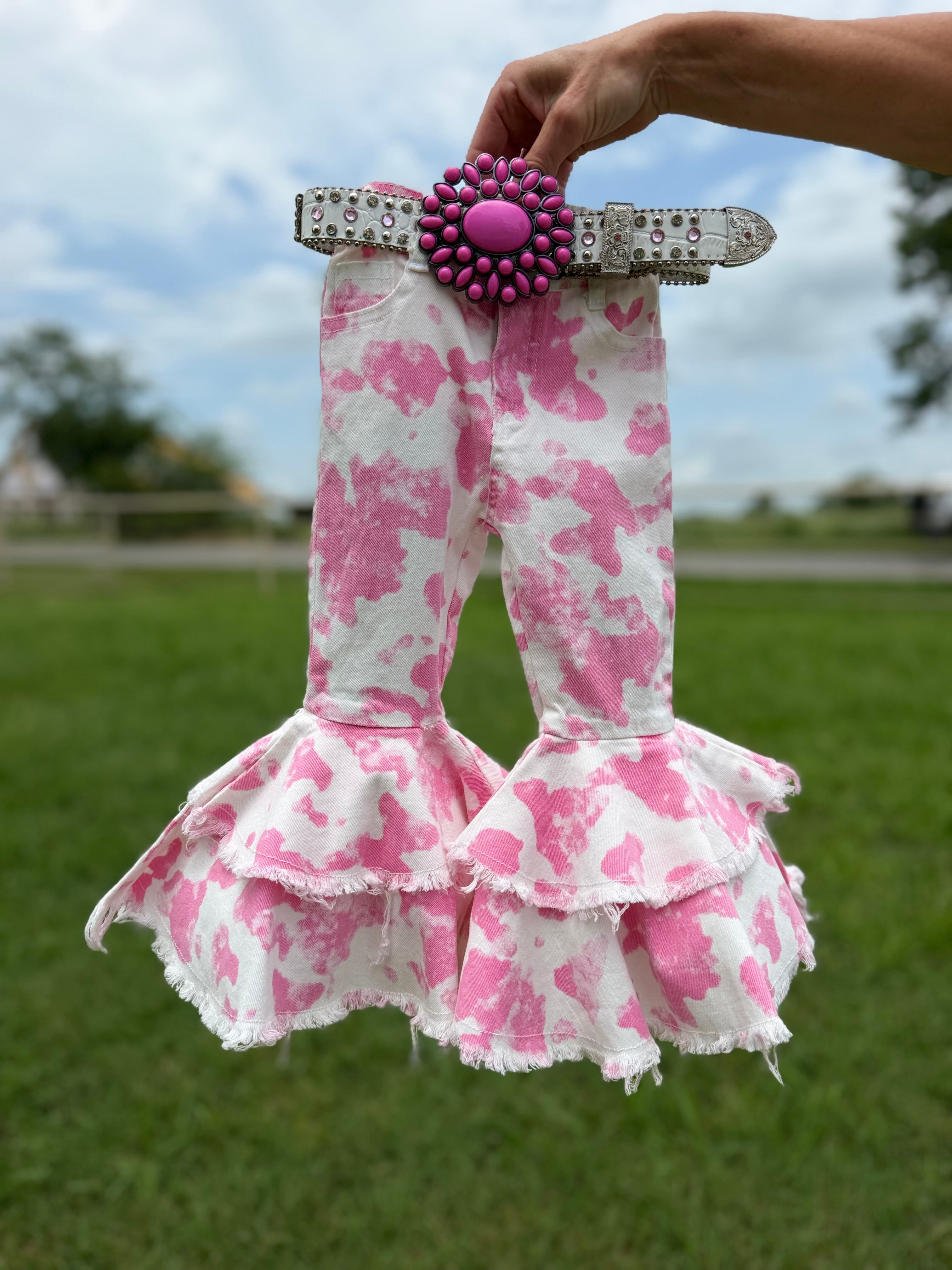 Pink & White Cow Print Double Bell Bottom Jeans