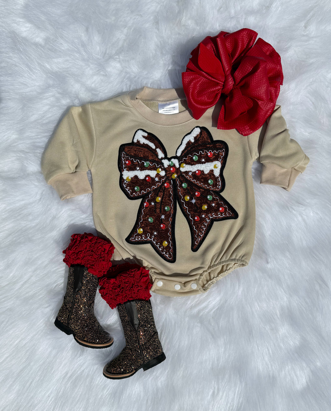 Gingerbread Bow CREWNECK/BUBBLE ON TAN