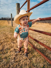 Load image into Gallery viewer, Western Tan With Turquoise Romper (FINAL SALE)
