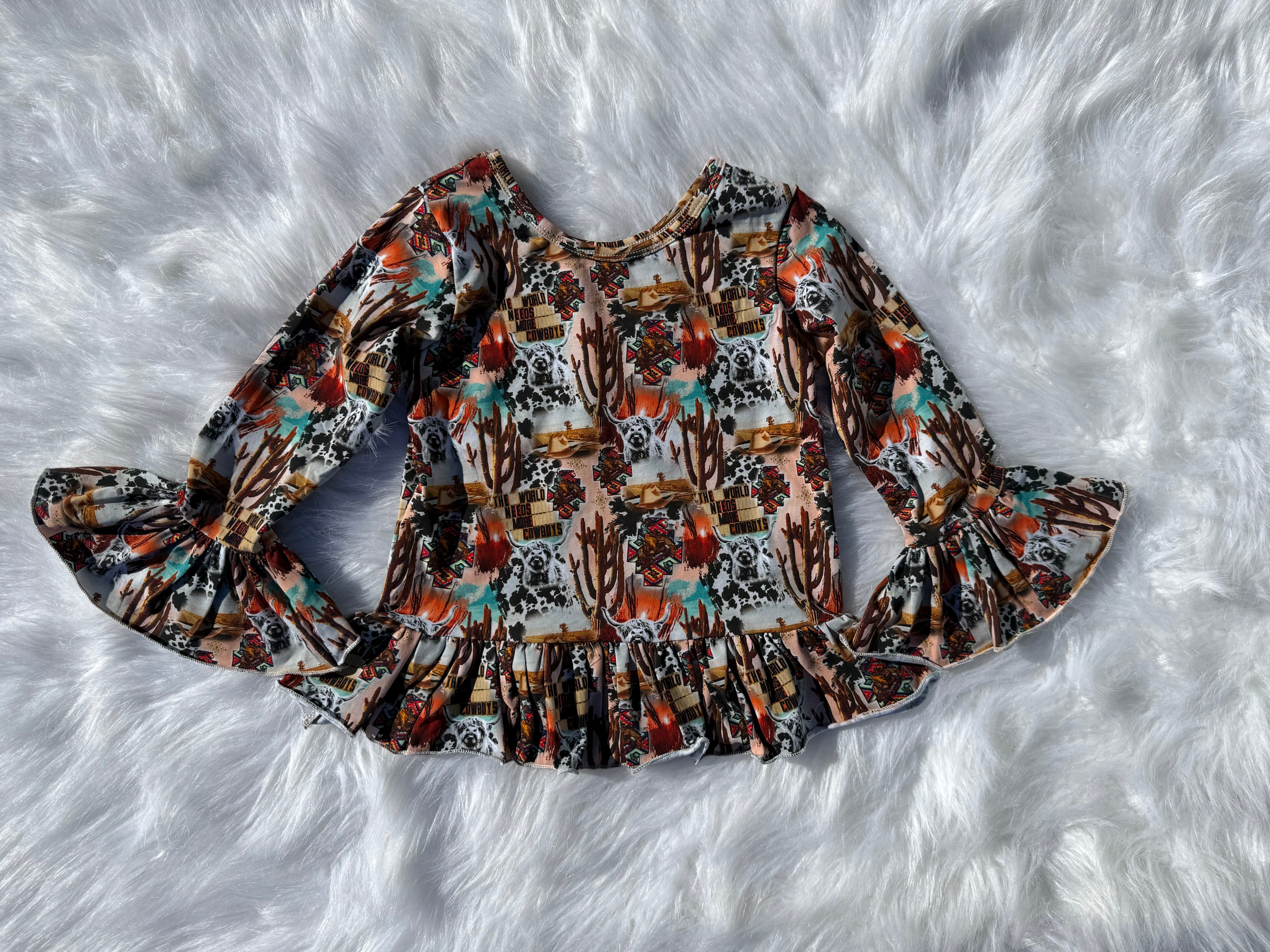 The World Needs More Cowboys Bell Sleeve Leo/Top