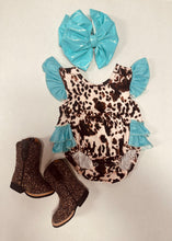 Load image into Gallery viewer, Cow Print With Mint Ruffles Romper
