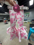 Pink & White Cow Print Double Bell Bottom Jeans
