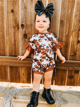 Load image into Gallery viewer, Cow print bubble romper/top with fringe
