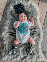 Load image into Gallery viewer, Turquoise Howdy oversized t-shirt romper (FINAL SALE)
