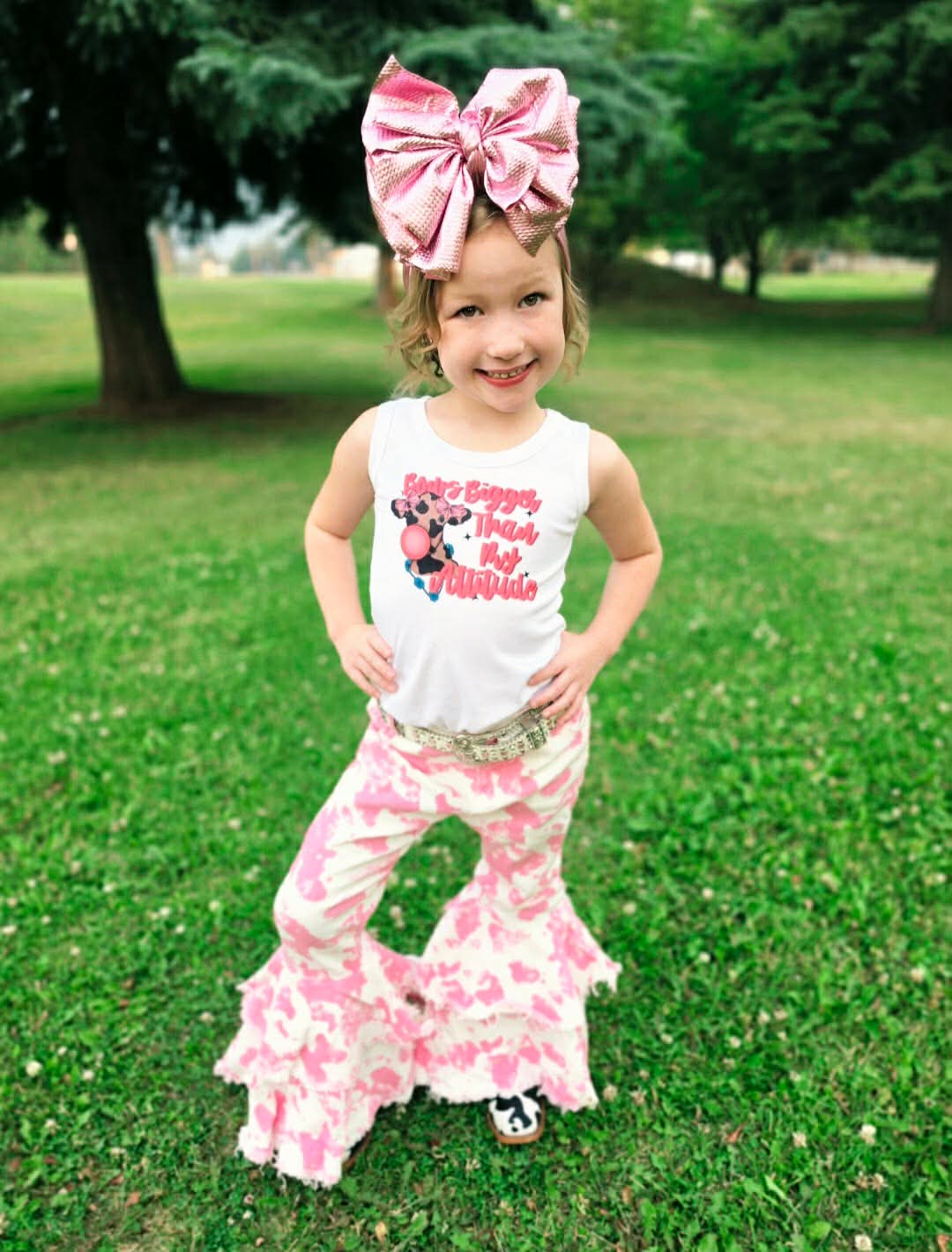 Pink & White Cow Print Double Bell Bottom Jeans