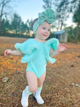 Load image into Gallery viewer, Mint leo with boa sleeves romper/top
