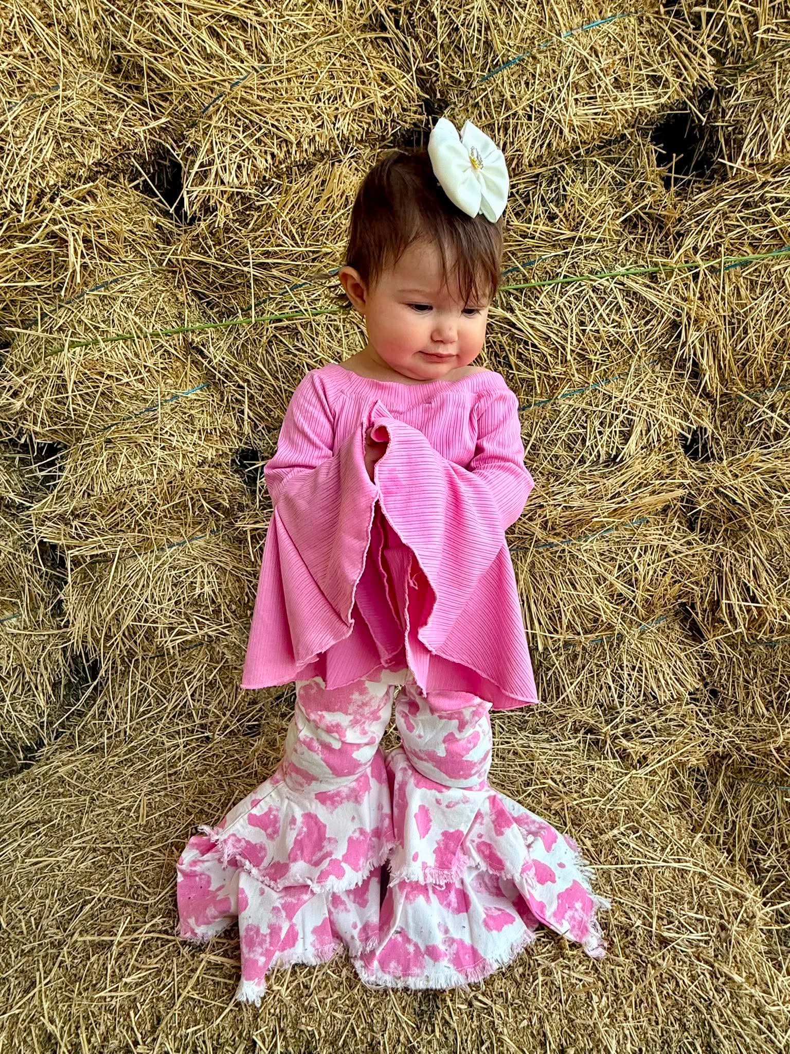 Pink & White Cow Print Double Bell Bottom Jeans