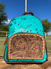 Load image into Gallery viewer, Mini Teal Cowhide Backpack
