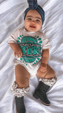 Load image into Gallery viewer, Turquoise Howdy oversized t-shirt romper (FINAL SALE)
