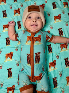 Teal Cow Bamboo Shortie Romper