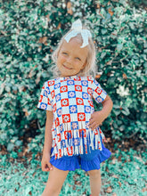 Load image into Gallery viewer, Floral Checkered Patriotic Fringe Top
