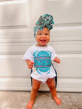 Load image into Gallery viewer, Turquoise Howdy oversized t-shirt romper (FINAL SALE)
